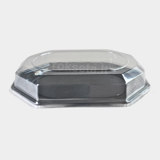 Trays are black with a transparent lid, small
